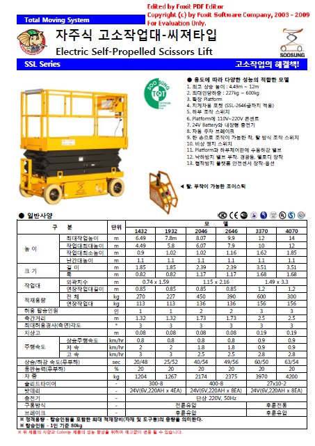 SOOSUNG（通稱帥成﹑水星﹑首星），自行式高空升降臺 SSL-1432/1932/2046/2646/3370/4070